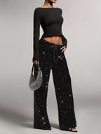 Women’s High Waist Sequin Palazzo Pants with Wide Leg Flowy Design 6