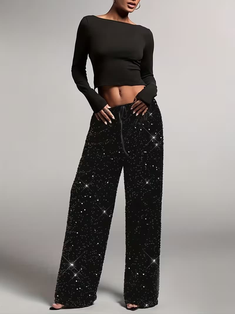 Women’s High Waist Sequin Palazzo Pants with Wide Leg Flowy Design 7