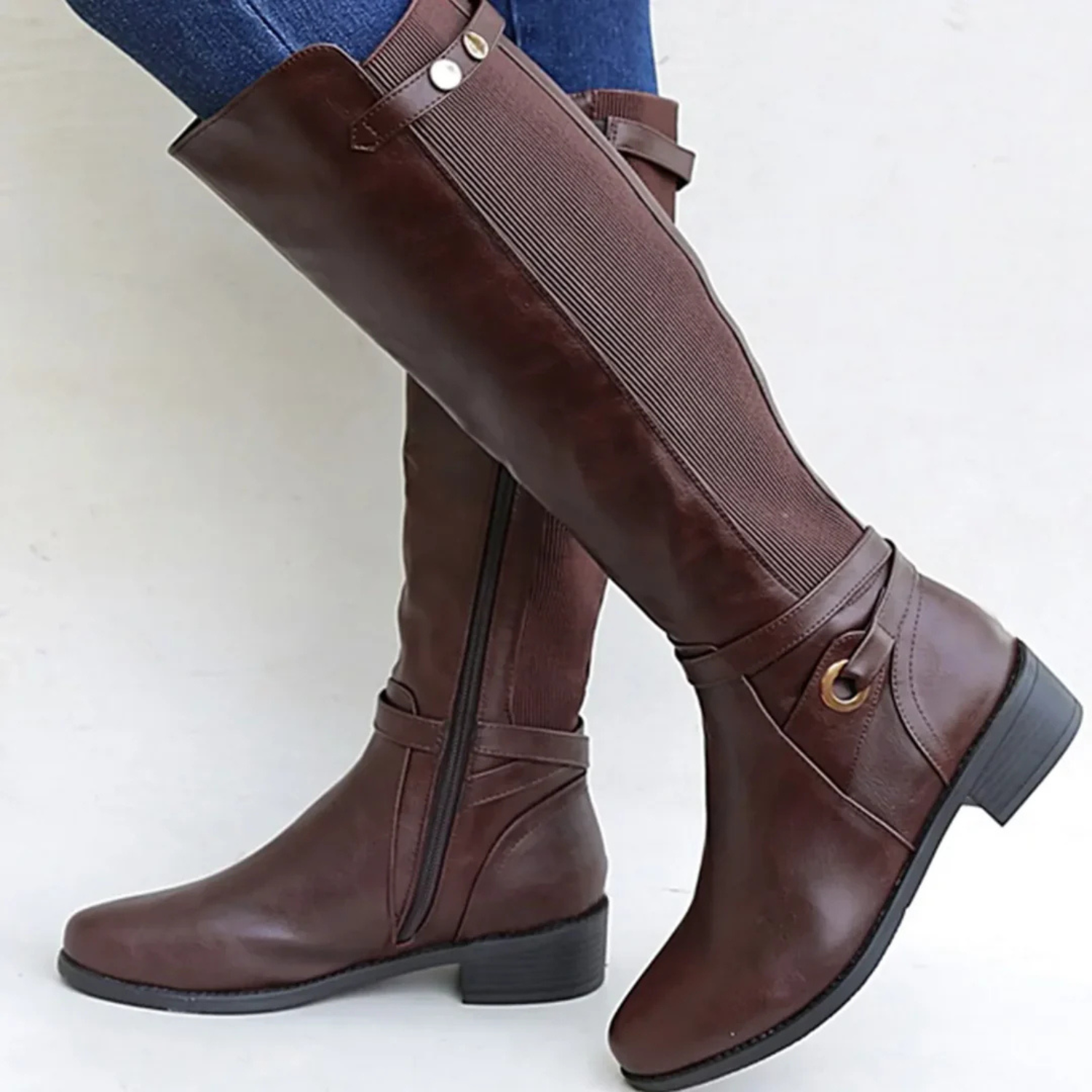 Women’s Knee-High Leather Boots with Low Block Heel and Side Closure 0