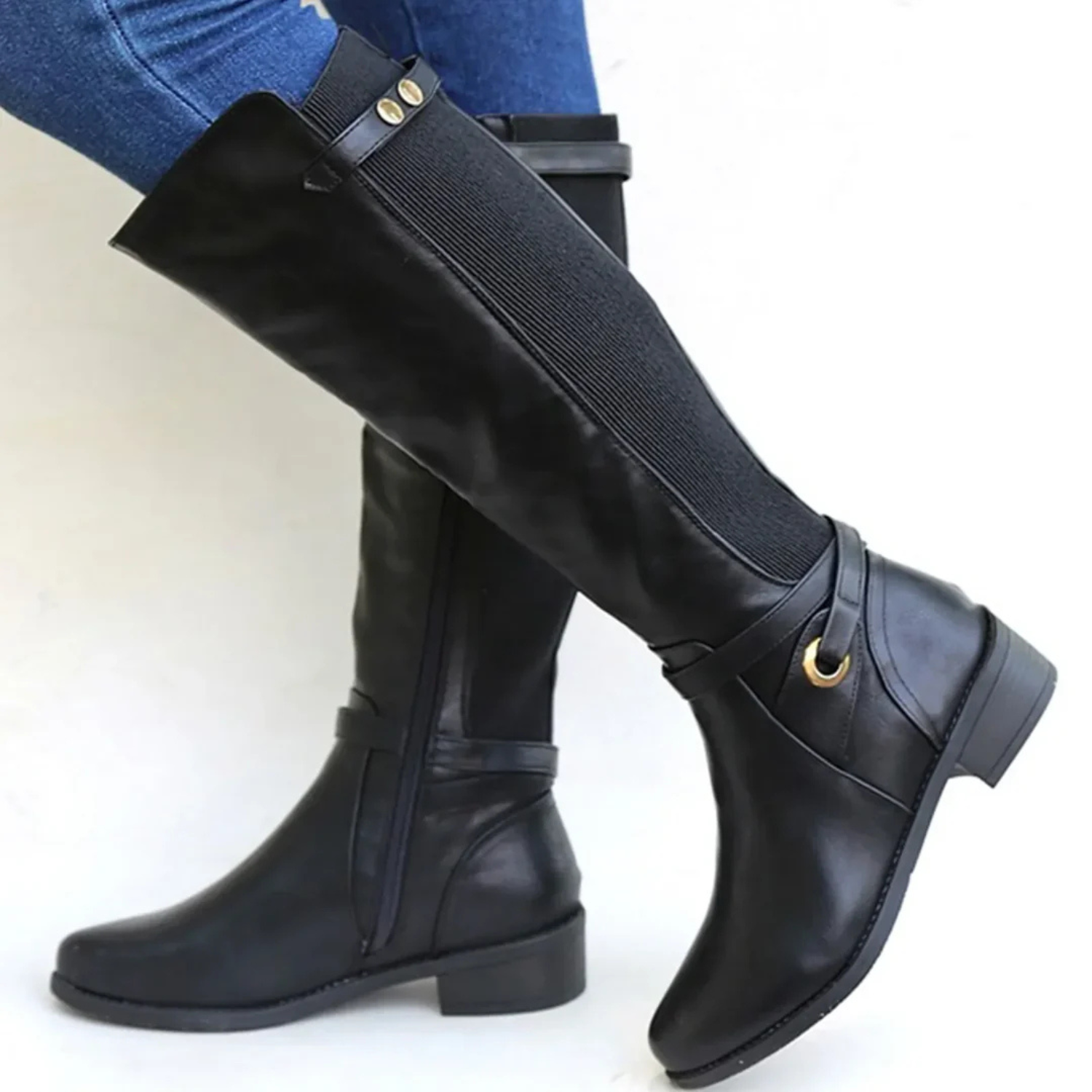 Women’s Knee-High Leather Boots with Low Block Heel and Side Closure 1