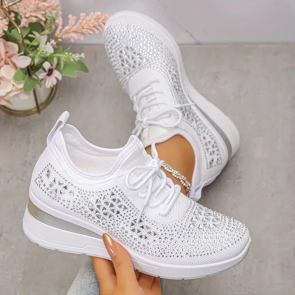 Women’s Knit Sneakers with Rhinestone Detail and Wedge Sole 1