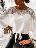 Women’s Lace Blouse with Round Neck and Flared Cuffs in Relaxed Fit 0