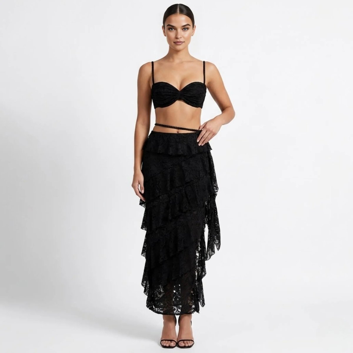 Women’s Lace Maxi Dress with Structured Corset and Tiered Skirt 0