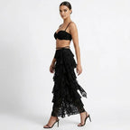 Women’s Lace Maxi Dress with Structured Corset and Tiered Skirt 1