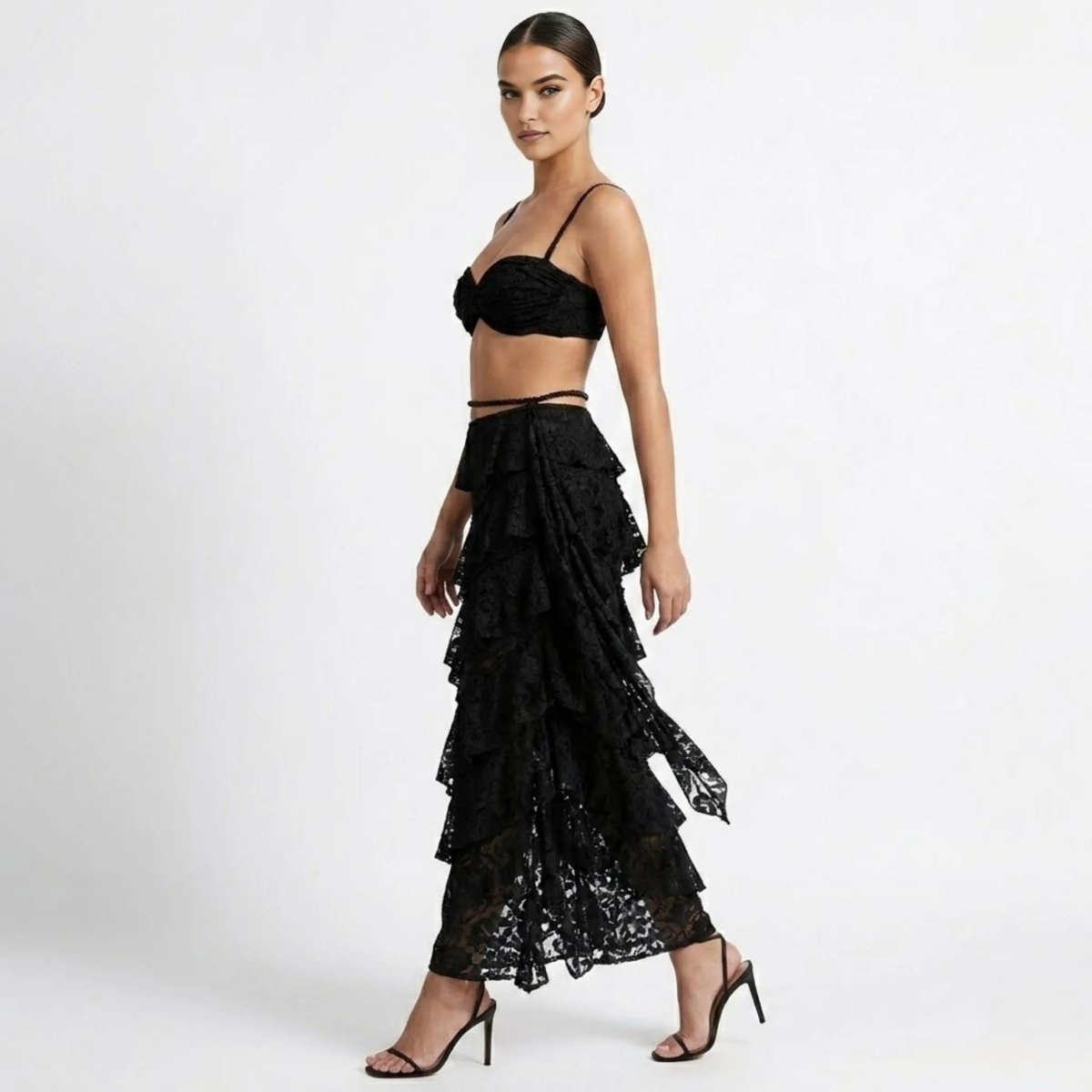 Women’s Lace Maxi Dress with Structured Corset and Tiered Skirt 1