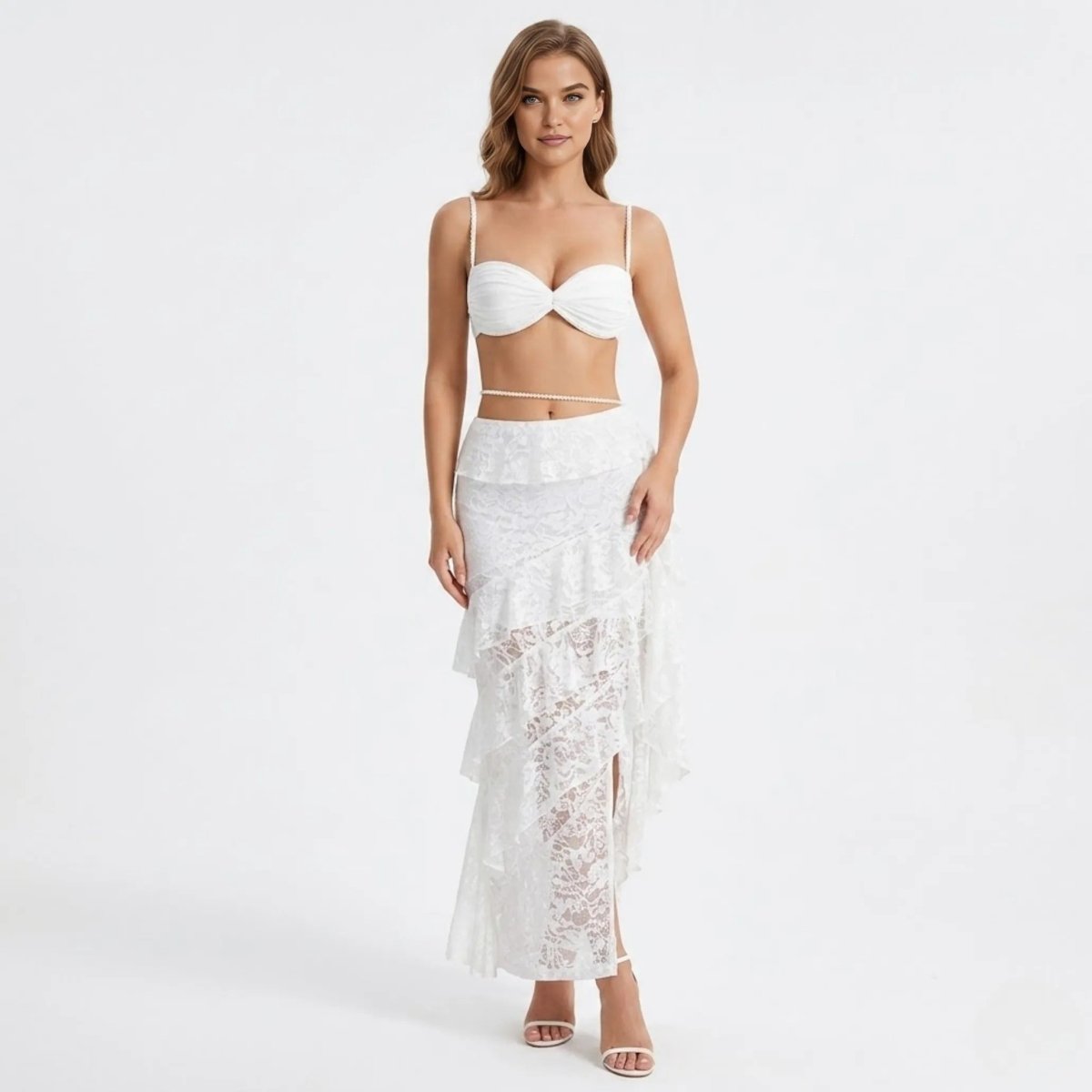 Women’s Lace Maxi Dress with Structured Corset and Tiered Skirt 10