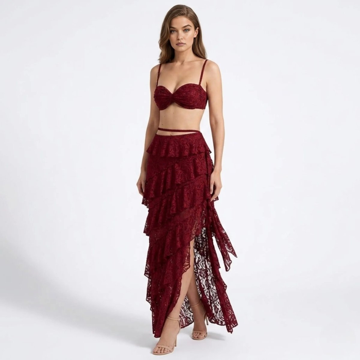 Women’s Lace Maxi Dress with Structured Corset and Tiered Skirt 6