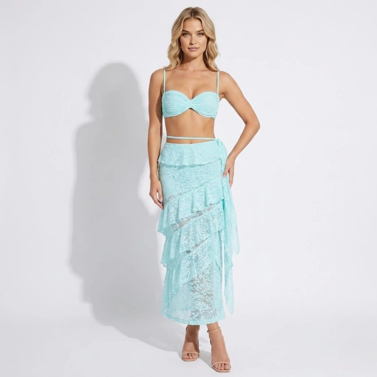 Women’s Lace Maxi Dress with Structured Corset and Tiered Skirt 9