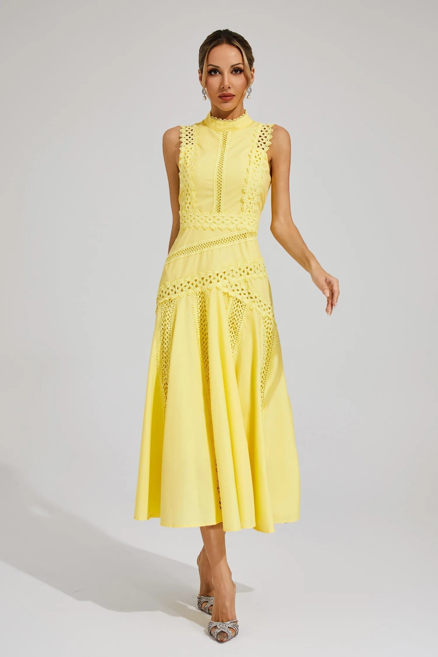 Women’s Lace Midi Dress with High Neck and A-Line Skirt for Formal Events 0