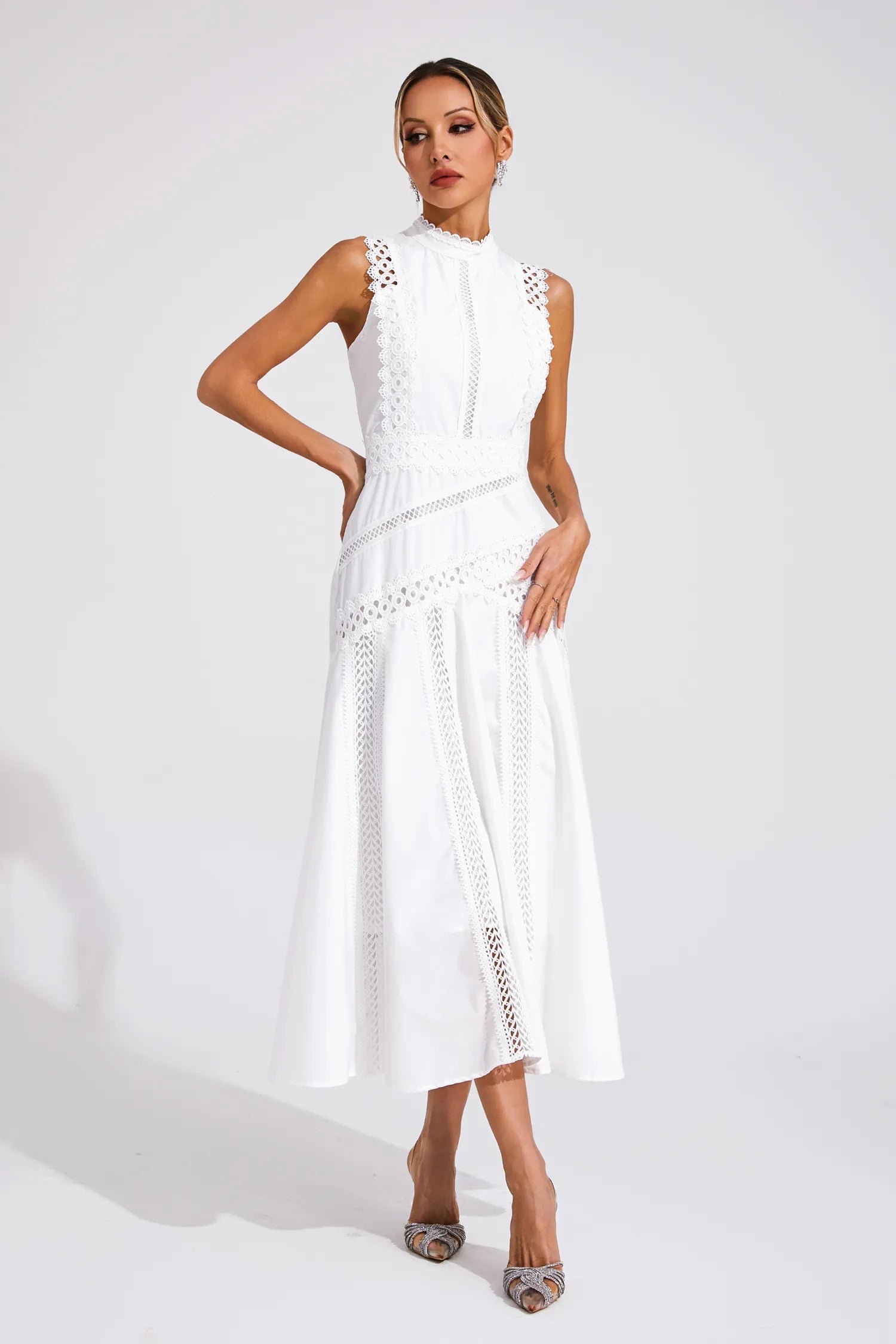 Women’s Lace Midi Dress with High Neck and A-Line Skirt for Formal Events 1