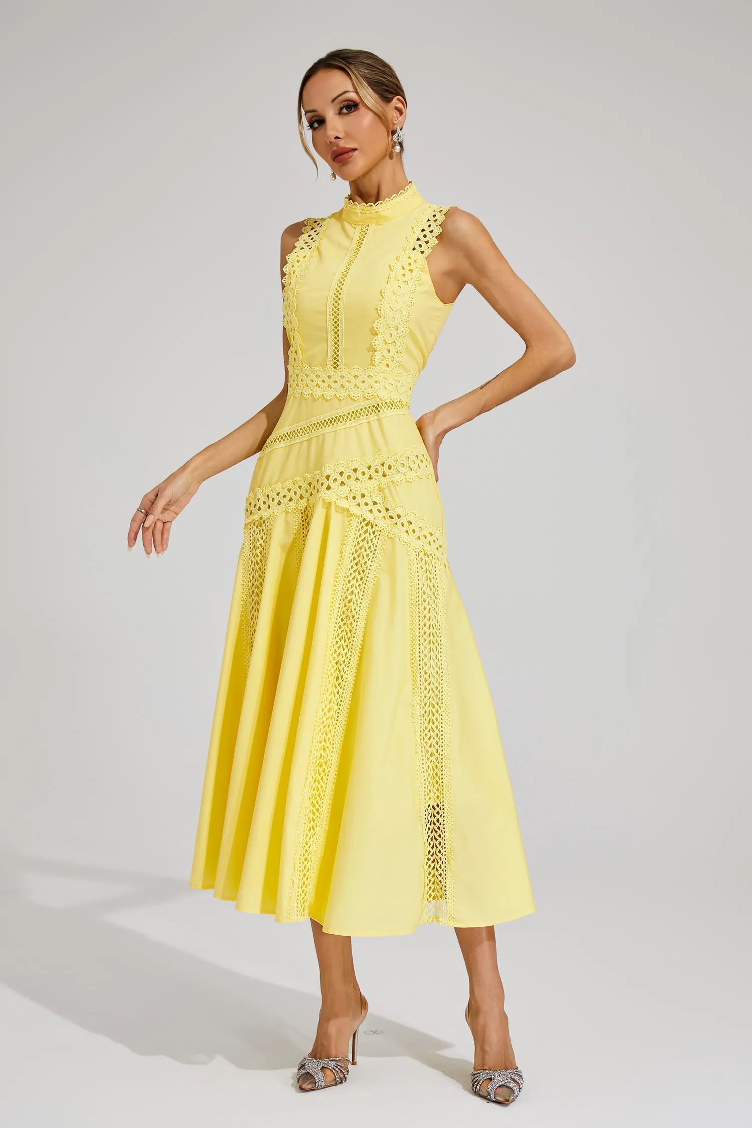 Women’s Lace Midi Dress with High Neck and A-Line Skirt for Formal Events 3