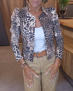 Women's Leopard Print Casual Jacket with Puff Sleeves 2