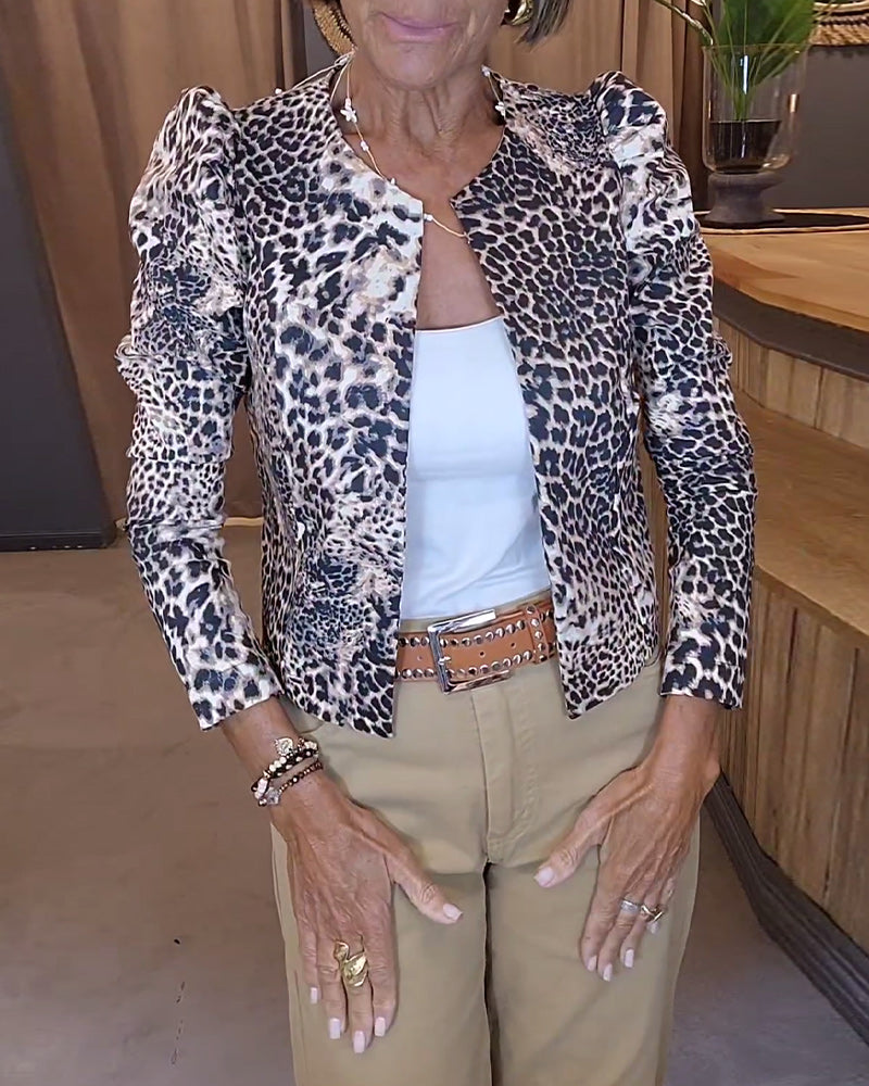 Women's Leopard Print Casual Jacket with Puff Sleeves 2