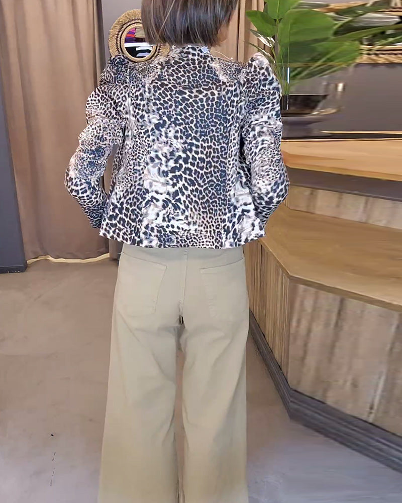 Women's Leopard Print Casual Jacket with Puff Sleeves 3