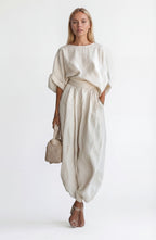 Women’s Linen Co-Ord Set with Relaxed Blouse and Wide Leg Trousers in Soft Neutral 0