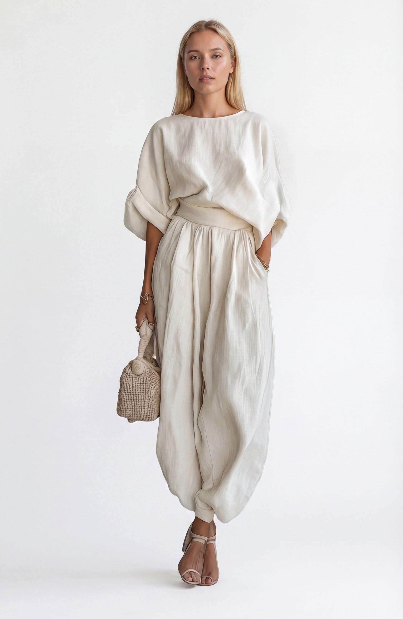 Women’s Linen Co-Ord Set with Relaxed Blouse and Wide Leg Trousers in Soft Neutral 0