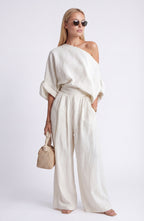 Women’s Linen Co-Ord Set with Relaxed Blouse and Wide Leg Trousers in Soft Neutral 1