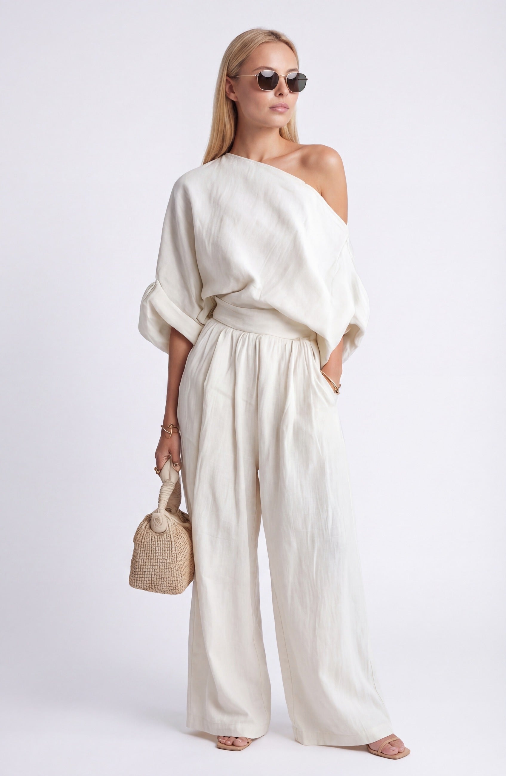 Women’s Linen Co-Ord Set with Relaxed Blouse and Wide Leg Trousers in Soft Neutral 1