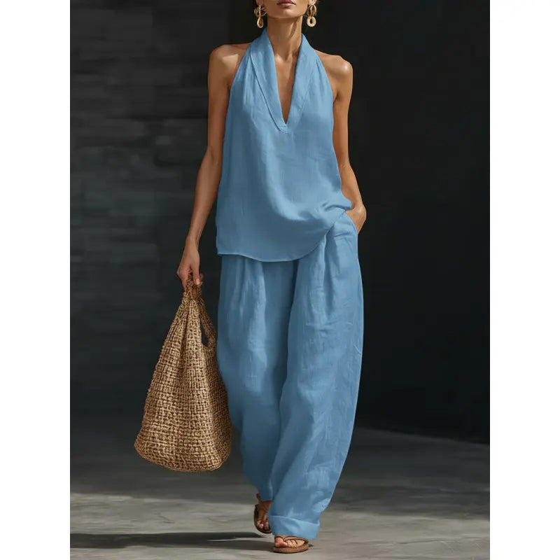 Women’s Linen Loungewear Set with Neck Top and Wide Leg Pants 0