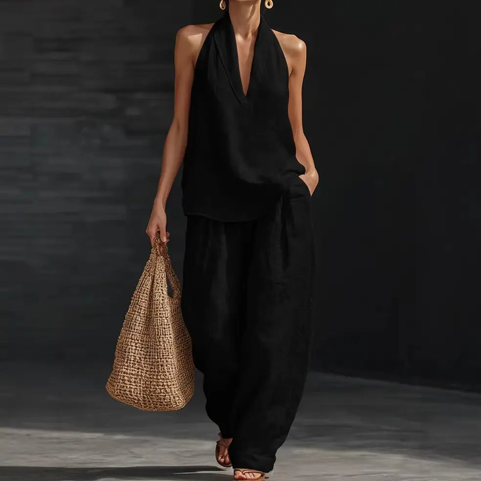 Women’s Linen Loungewear Set with Neck Top and Wide Leg Pants 1