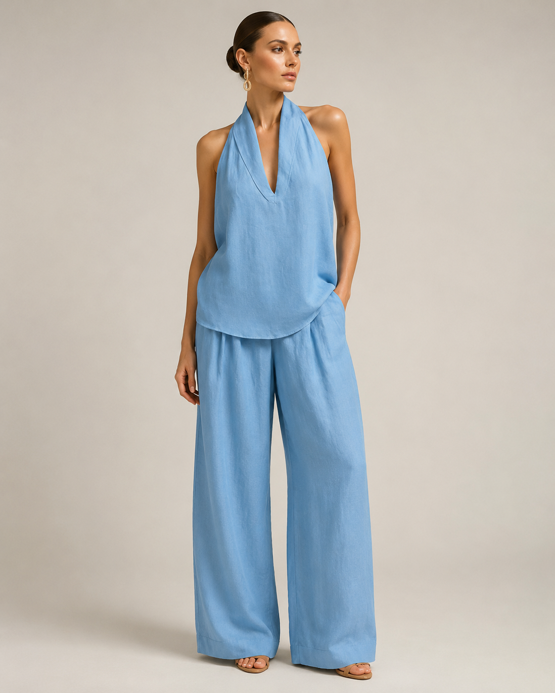 Women’s Linen Loungewear Set with Neck Top and Wide Leg Pants 51
