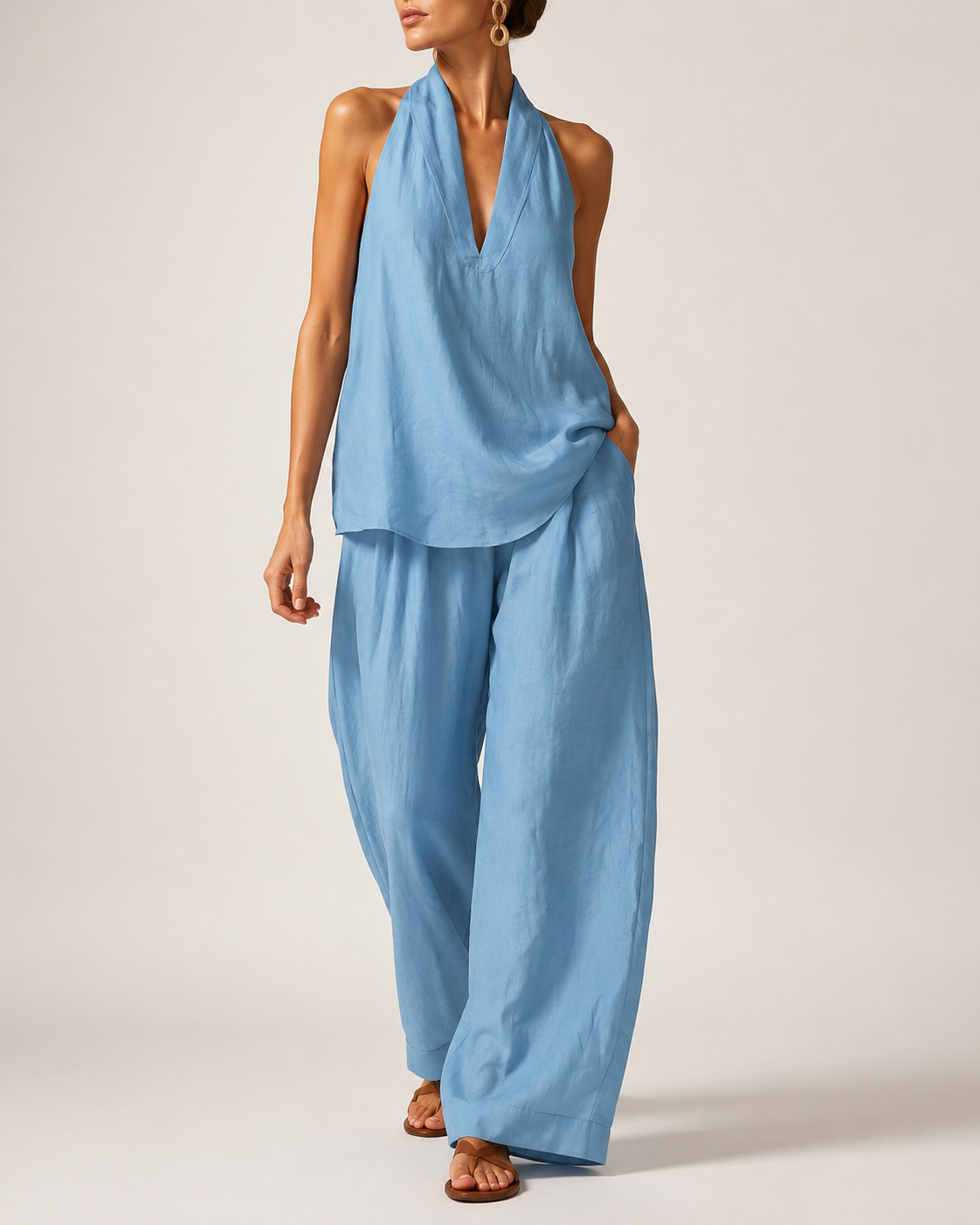 Women’s Linen Loungewear Set with Neck Top and Wide Leg Pants 52