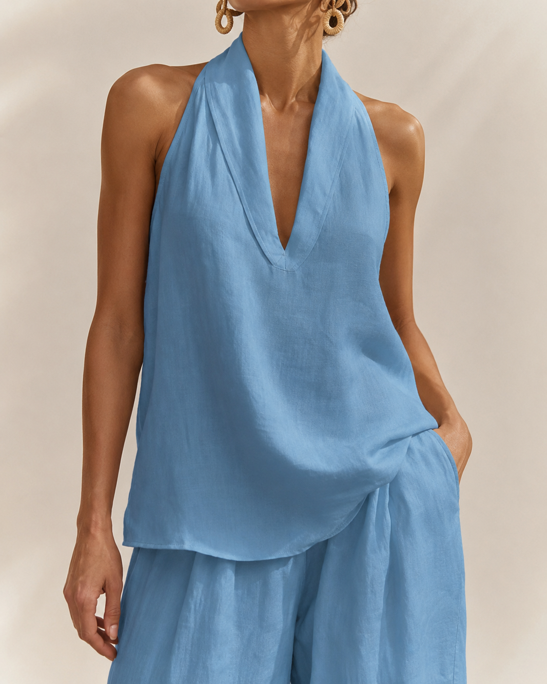 Women’s Linen Loungewear Set with Neck Top and Wide Leg Pants 53