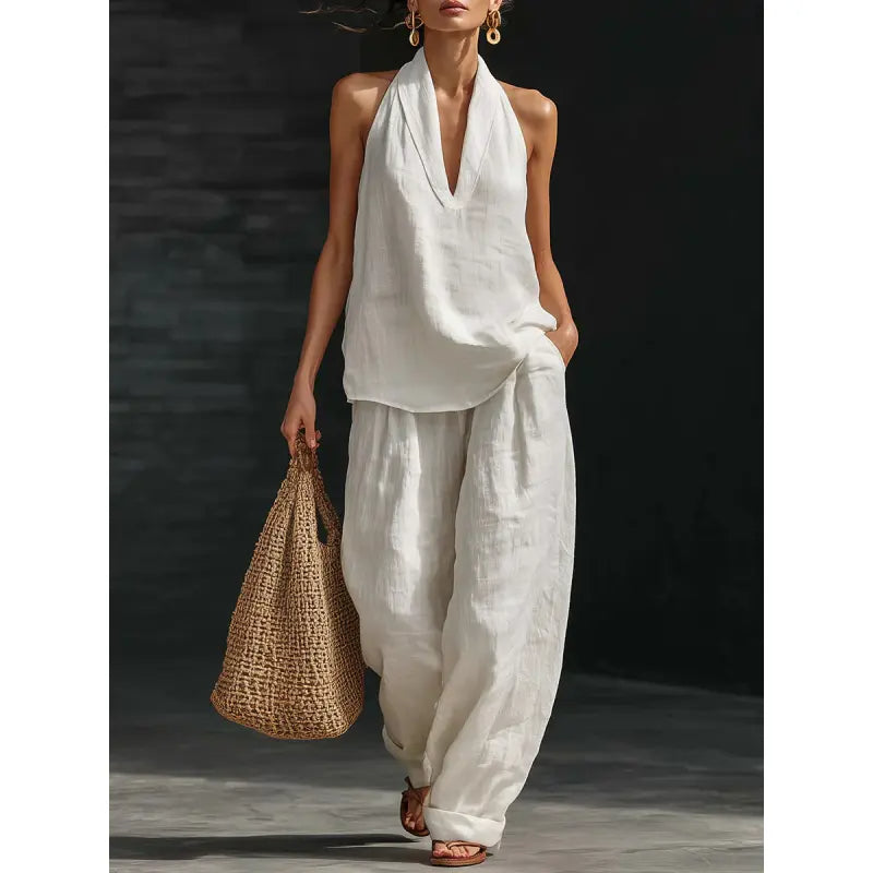Women’s Linen Loungewear Set with Neck Top and Wide Leg Pants 2