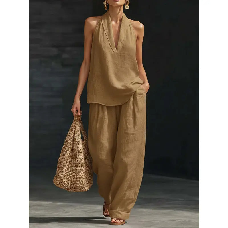 Women’s Linen Loungewear Set with Neck Top and Wide Leg Pants 3