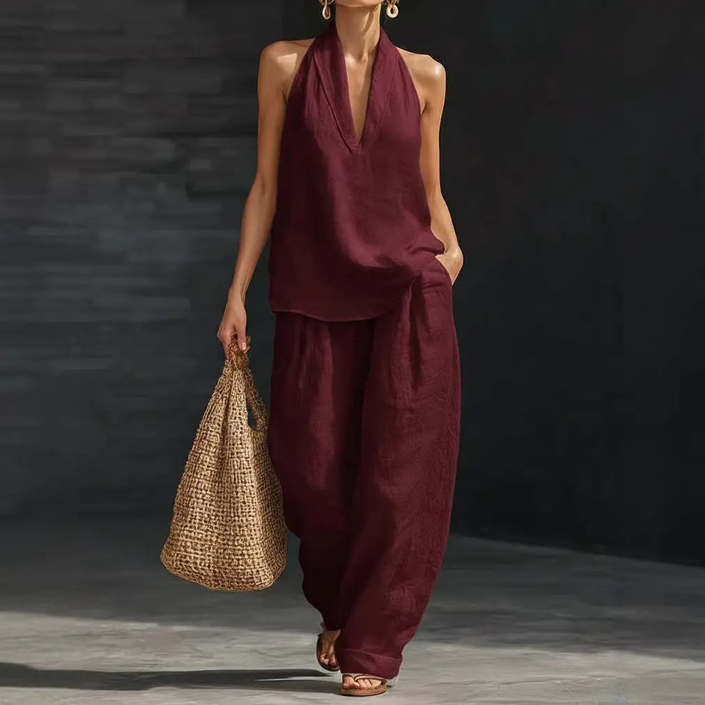 Women’s Linen Loungewear Set with Neck Top and Wide Leg Pants 4