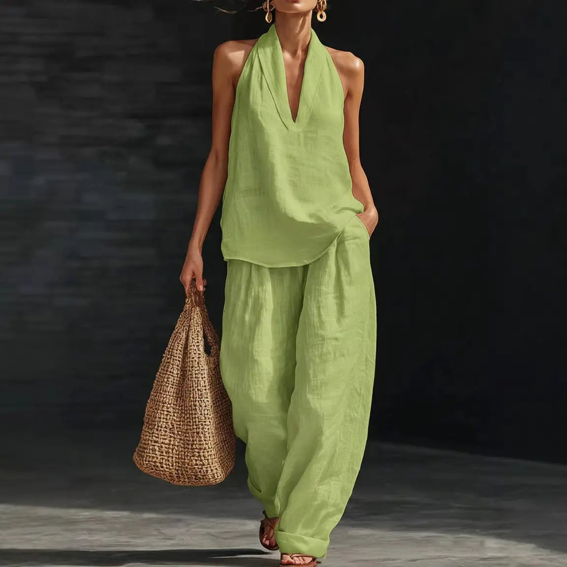 Women’s Linen Loungewear Set with Neck Top and Wide Leg Pants 5