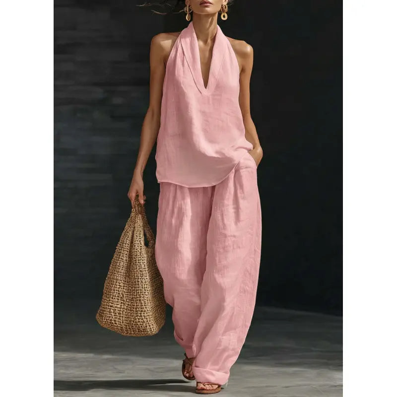 Women’s Linen Loungewear Set with Neck Top and Wide Leg Pants 6