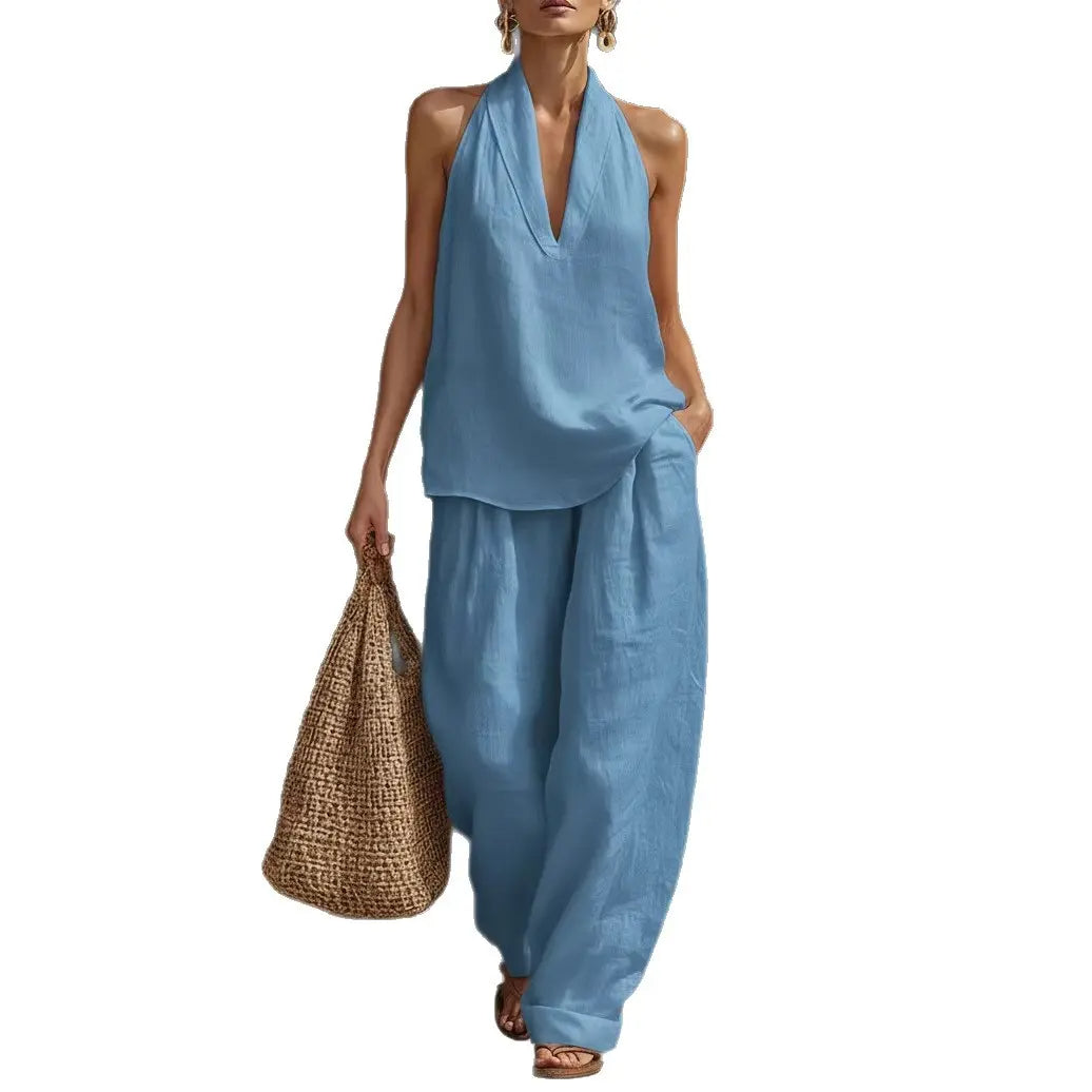 Women’s Linen Loungewear Set with Neck Top and Wide Leg Pants 7