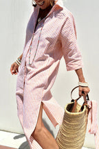 Women’s Linen Striped Midi Dress with Button-Down Collar and Long Sleeves 0
