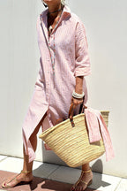 Women’s Linen Striped Midi Dress with Button-Down Collar and Long Sleeves 1