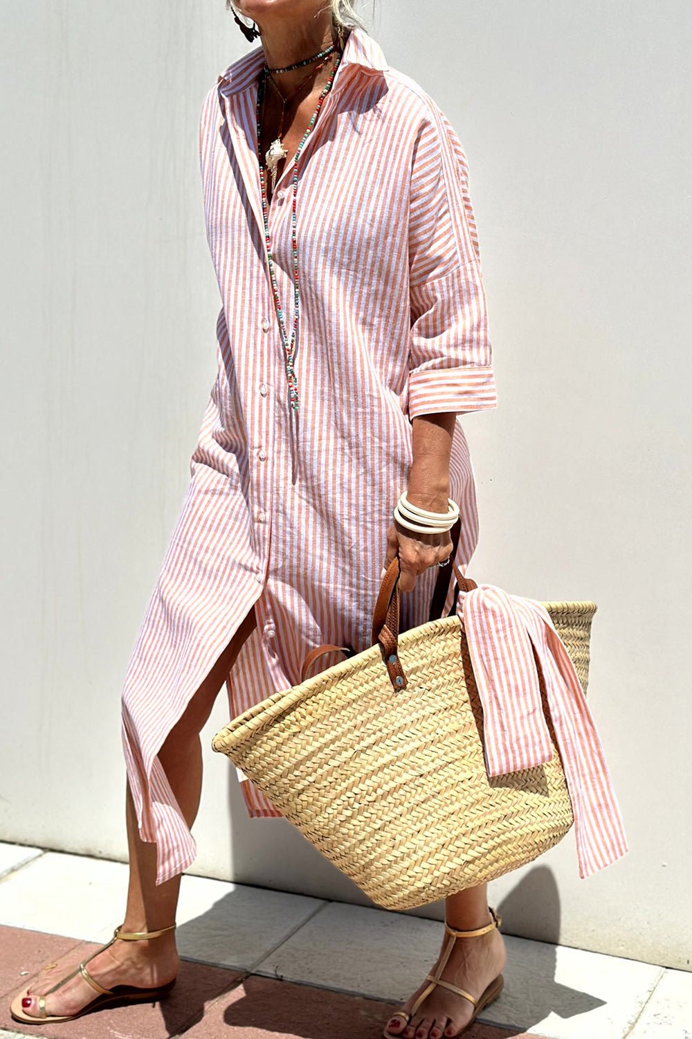 Women’s Linen Striped Midi Dress with Button-Down Collar and Long Sleeves 1