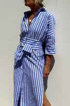 Women’s Linen Striped Midi Dress with Button-Down Collar and Long Sleeves 3