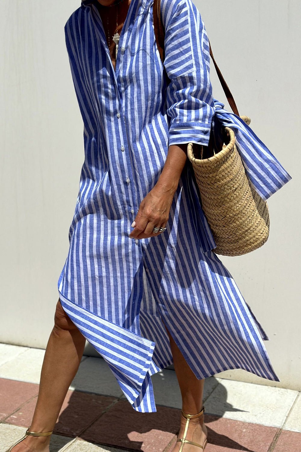 Women’s Linen Striped Midi Dress with Button-Down Collar and Long Sleeves 4