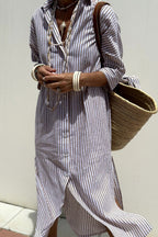 Women’s Linen Striped Midi Dress with Button-Down Collar and Long Sleeves 6