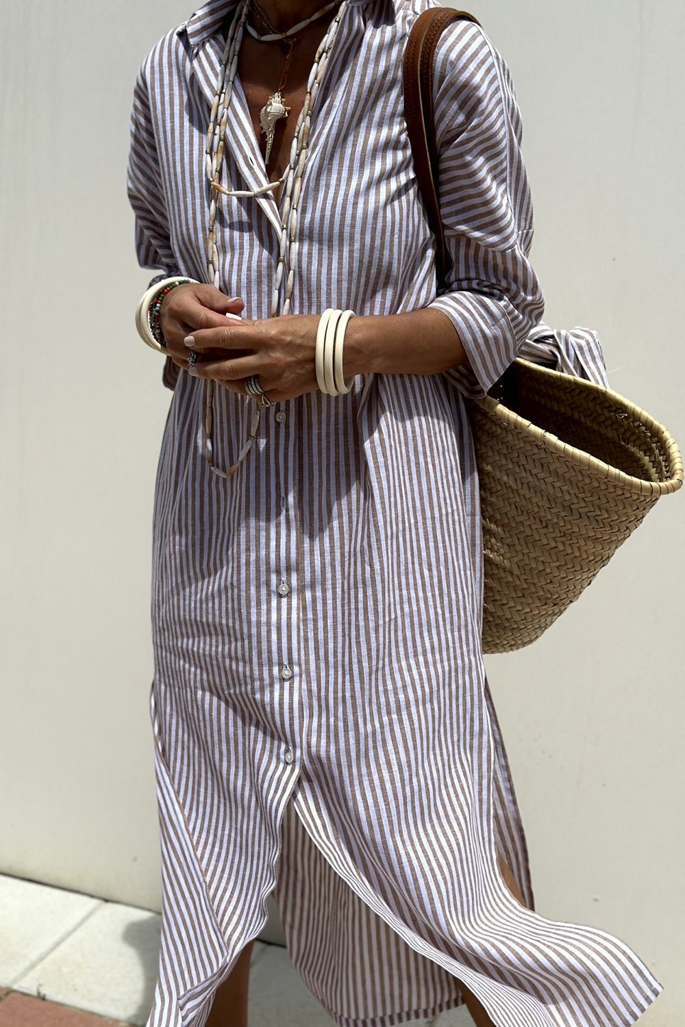 Women’s Linen Striped Midi Dress with Button-Down Collar and Long Sleeves 6