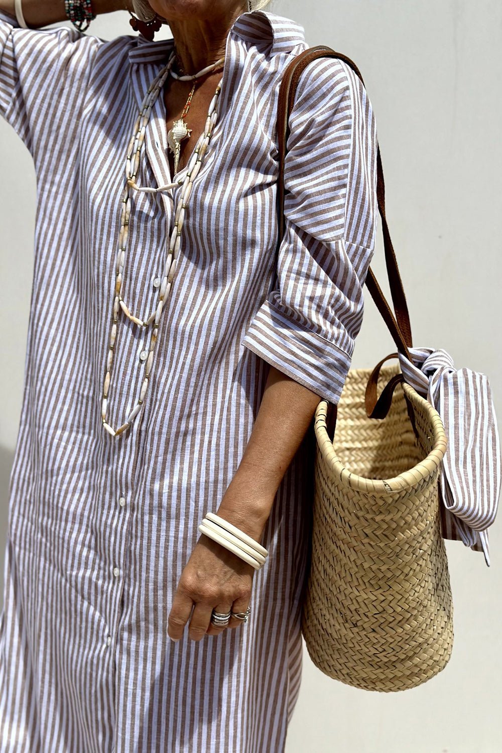 Women’s Linen Striped Midi Dress with Button-Down Collar and Long Sleeves 7