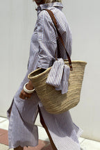 Women’s Linen Striped Midi Dress with Button-Down Collar and Long Sleeves 8
