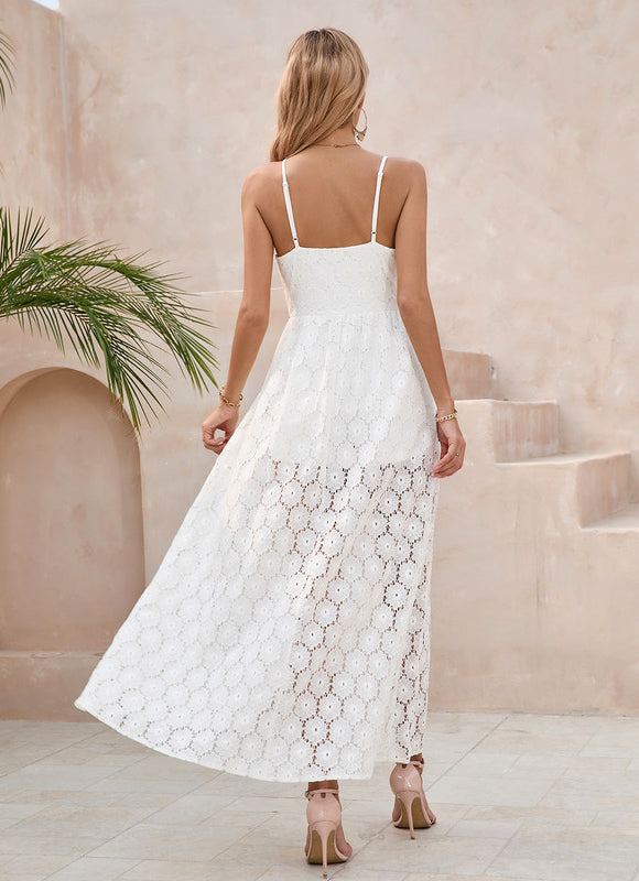 Women's Long Lace Summer Dress with Backless Design and V-Neck 4