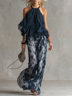 Women’s Loungewear Set in Navy with Halter Top and Wide Leg Pants 0
