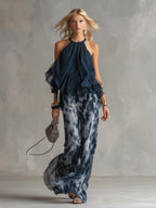 Women’s Loungewear Set in Navy with Halter Top and Wide Leg Pants 1