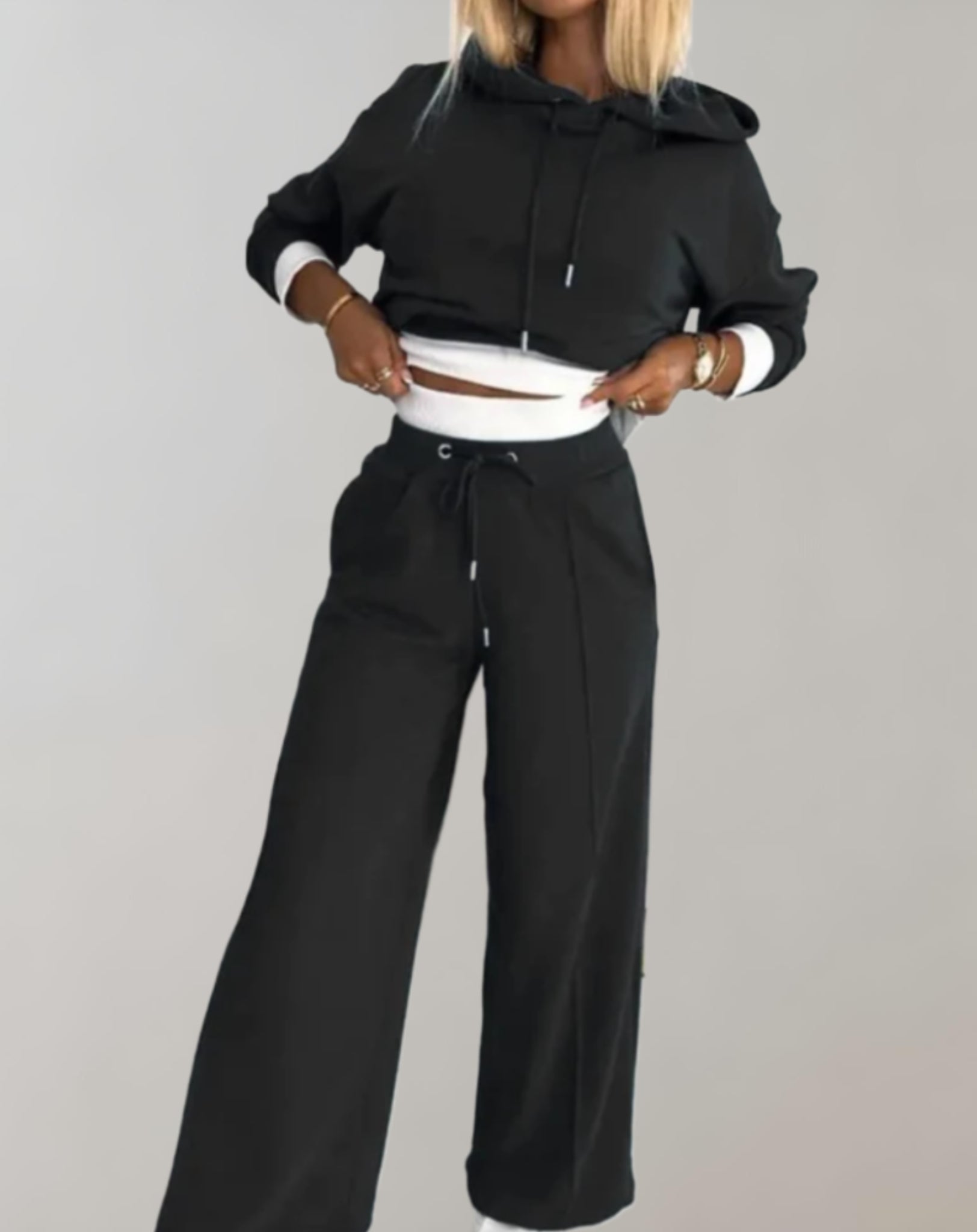 Women’s Loungewear Set in Soft Cotton Blend with Casual Hoodie and Wide Leg Trousers 0