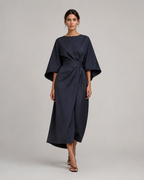 Women’s Midi Dress in Smooth Woven Fabric with Belted Waist and Flowing Skirt 05