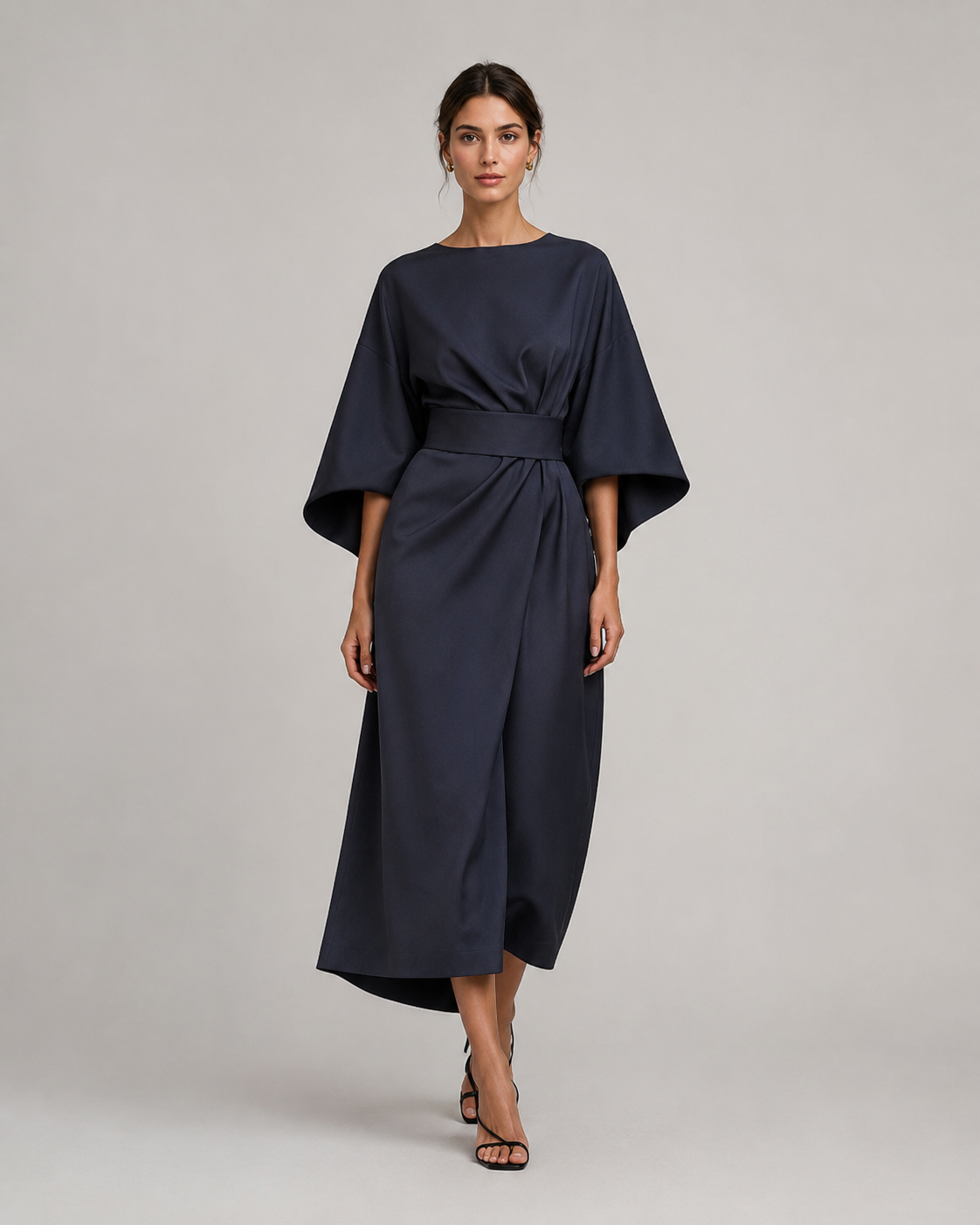 Women’s Midi Dress in Smooth Woven Fabric with Belted Waist and Flowing Skirt 05