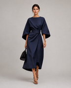 Women’s Midi Dress in Smooth Woven Fabric with Belted Waist and Flowing Skirt 011