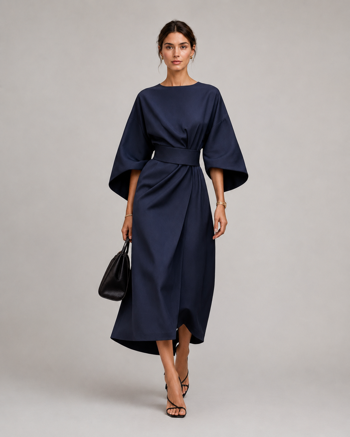 Women’s Midi Dress in Smooth Woven Fabric with Belted Waist and Flowing Skirt 011